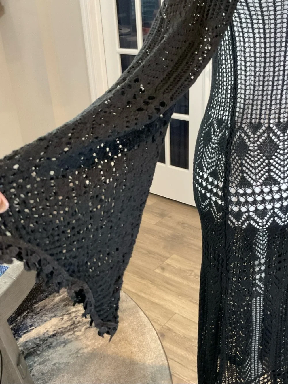 Cider Black Crochet Open Knit Maxi Dress Long Flare Slv., Fringe Hem Size M NWT - Picture 5 of 13